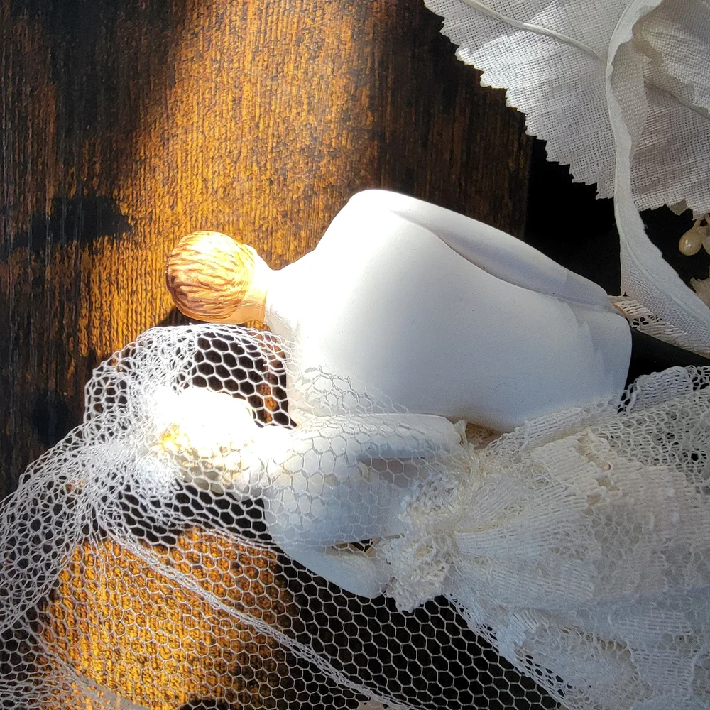 Ivory Bride and Groom Wedding Cake Topper with Veil